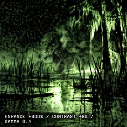 Contrast-boosted crop of a night photograph from Rollins Savanna trail, 2005 or 2006, ambiguous form visible near the treeline