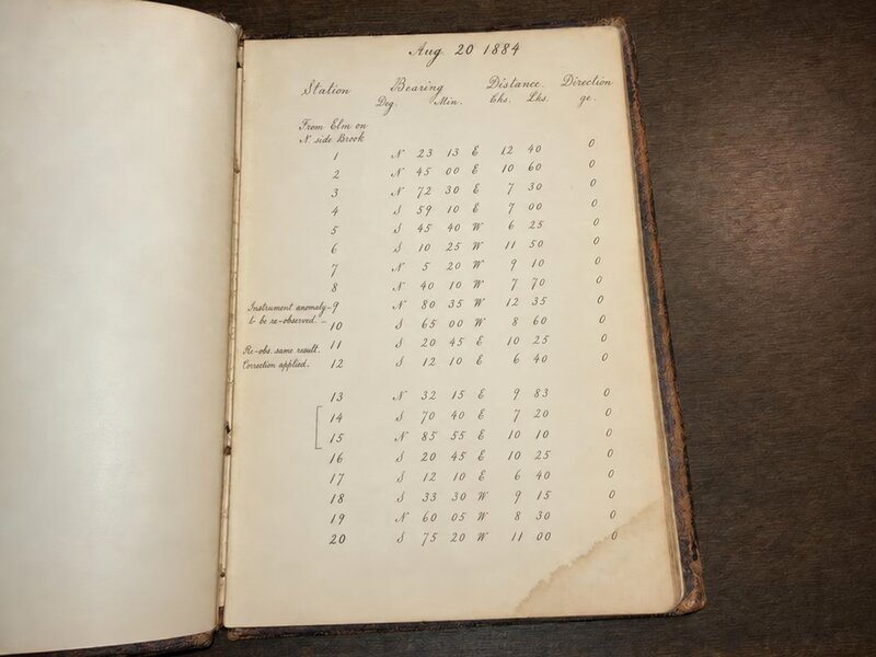 Dense columns of compass bearing measurements with two marginal notations and a modern pencil annotation added by Dale in 2001