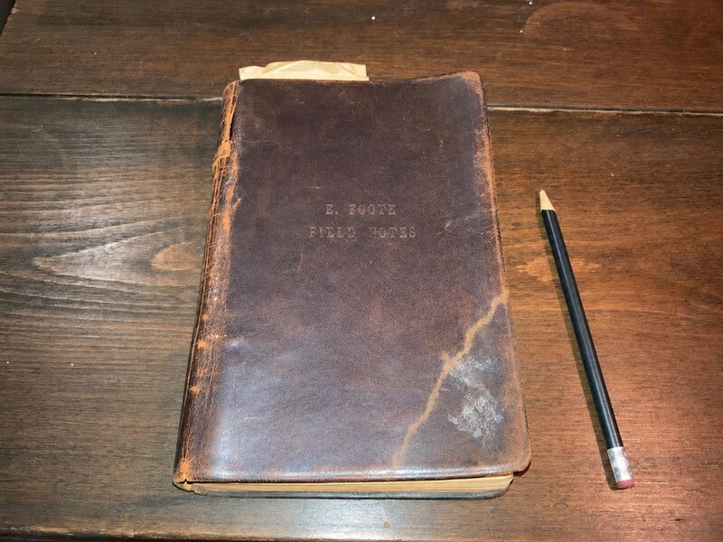 Foote field journal, worn leather cover, water damage lower corner