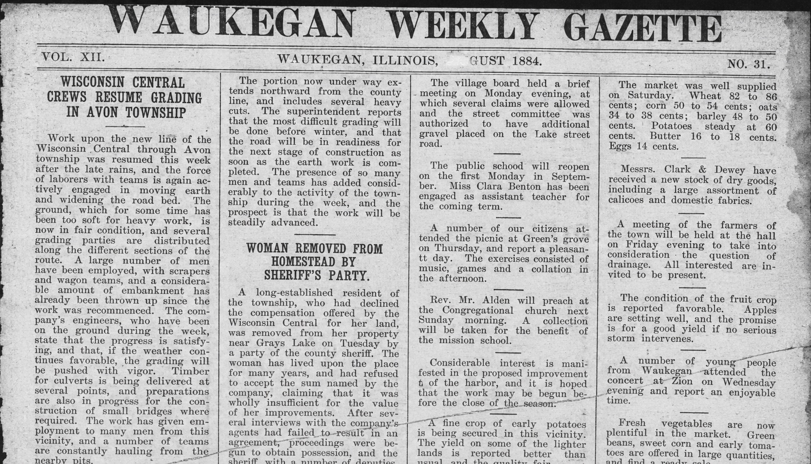 Microfilm printout showing partial newspaper column about woman removed from property near Grays Lake for railroad right-of-way, date partially cut off