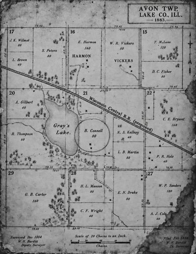 1883 plat map Avon Township Lake County Illinois, Wisconsin Central R.R. proposed right-of-way shown, B. Connell lot in section 21 visible, surveyed December 1884